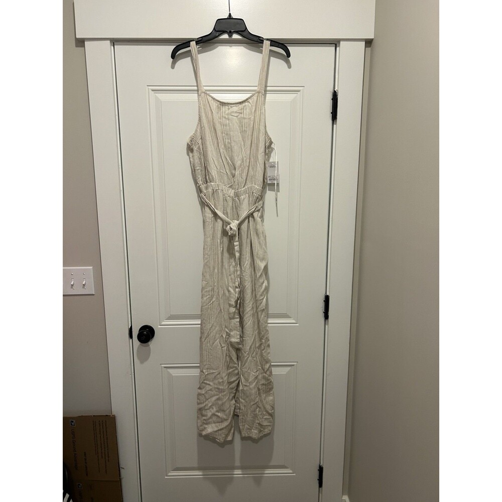 New Women’s XXL Striped Tie Waist Wide Leg Cropped Jumpsuit Linen Blend Preppy